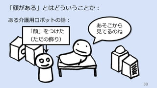 60	
「顔がある」とはどういうことか：
ある介護⽤ロボットの話：
あそこから
⾒てるのね「顔」をつけた
（ただの飾り）
 
