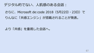 67	
デジタル的でない、⼈肌感のある会話：
さらに、Microsoft de:code 2018（5⽉22⽇・23⽇）で
りんなに「共感エンジン」が搭載されることが発表。
より「共感」を重視した会話へ。
 