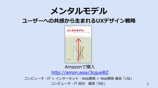 8	
メンタルモデル
ユーザーへの共感から⽣まれるUXデザイン戦略
Amazonで購⼊
http://amzn.asia/3cgueBZ
コンピュータ・IT > インターネット・Web開発 > Web開発 最⾼「1位」
コンピュータ・IT 総合 最⾼「9位」
 