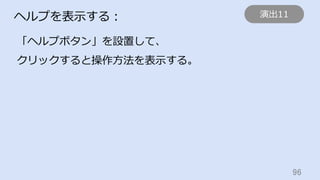 96	
ヘルプを表⽰する：
「ヘルプボタン」を設置して、
クリックすると操作⽅法を表⽰する。
演出11
 