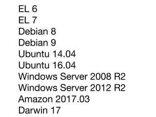 EL 6

EL 7

Debian 8

Debian 9

Ubuntu 14.04

Ubuntu 16.04

Windows Server 2008 R2

Windows Server 2012 R2

Amazon 2017.03

Darwin 17
 