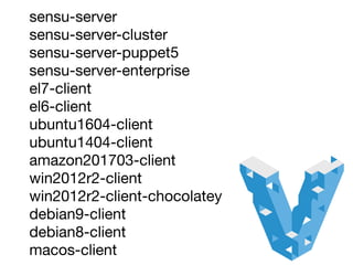 sensu-server

sensu-server-cluster

sensu-server-puppet5

sensu-server-enterprise

el7-client

el6-client

ubuntu1604-client

ubuntu1404-client

amazon201703-client

win2012r2-client

win2012r2-client-chocolatey

debian9-client

debian8-client

macos-client
 