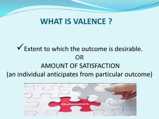 WHAT IS VALENCE ?
Extent to which the outcome is desirable.
OR
AMOUNT OF SATISFACTION
(an individual anticipates from par...