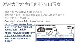 https://news.microsoft.com/
ja-jp/2018/08/21/180820-
aquaculture-kindai/
https://news.microsoft.com/
ja-jp/features/workstyle-
innovation-aquaculture-
kindai/
 