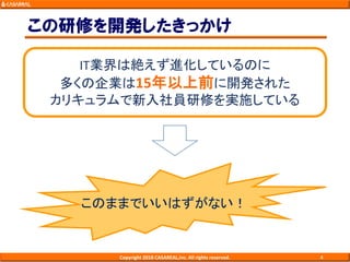 この研修を開発したきっかけ
Copyright 2018 CASAREAL,Inc. All rights reserved. 4
IT業界は絶えず進化しているのに
多くの企業は15年以上前に開発された
カリキュラムで新入社員研修を実施している
このままでいいはずがない！
 