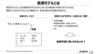 ©2018 ARISE analytics 10
言語モデルとは
言語モデルとは、ある単語列が与えられたときに次の単語を予測するモデルである。
教師ラベルを付与することなく構築でき、言語の高次な特徴を学習する。
※http://ruder.io/transfer-learning/index.html
言語モデル タスク 言語モデルが学習する（と思われる）特徴※
• 言語の構造
• 単語間の関係、共起しやすさ
• 文中で離れている単語間の依存
• etc
転移学習に用いられないか？
今日 の 昼食 は とんこつ ＿＿
• ラーメン 97%
• うどん 2%
• カレー 0.5%
• … …
予測
 