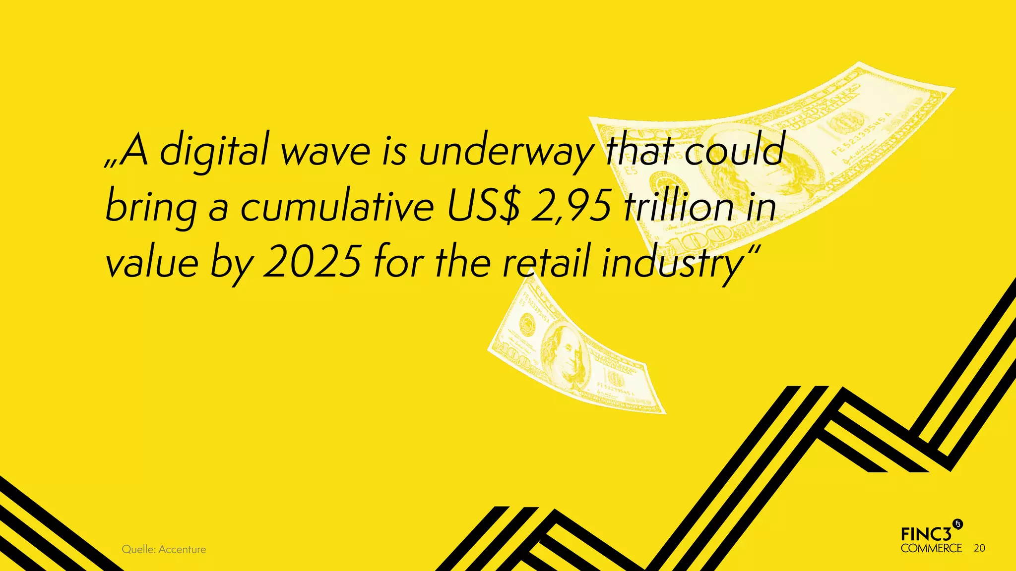 20
„A digital wave is underway that could
bring a cumulative US$ 2,95 trillion in
value by 2025 for the retail industry“
Quelle: Accenture
 
