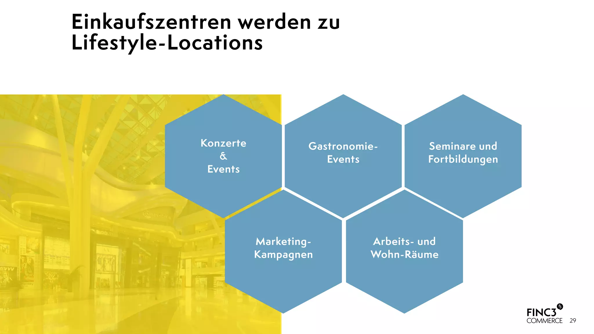 29
Konzerte  
&  
Events
Gastronomie-
Events
Marketing-
Kampagnen
Arbeits- und
Wohn-Räume
Seminare und
Fortbildungen
Einkaufszentren werden zu  
Lifestyle-Locations
 
