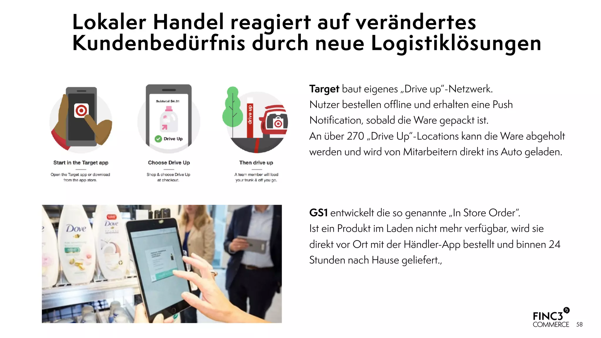 58
Lokaler Handel reagiert auf verändertes
Kundenbedürfnis durch neue Logistiklösungen
Target baut eigenes „Drive up“-Netzwerk.
Nutzer bestellen oﬄine und erhalten eine Push
Notiﬁcation, sobald die Ware gepackt ist. 
An über 270 „Drive Up“-Locations kann die Ware abgeholt
werden und wird von Mitarbeitern direkt ins Auto geladen.
GS1 entwickelt die so genannte „In Store Order“. 
Ist ein Produkt im Laden nicht mehr verfügbar, wird sie
direkt vor Ort mit der Händler-App bestellt und binnen 24
Stunden nach Hause geliefert.,
 