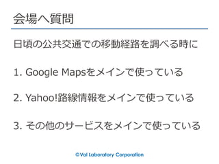 会場へ質問
日頃の公共交通での移動経路を調べる時に
1. Google Mapsをメインで使っている
2. Yahoo!路線情報をメインで使っている
3. その他のサービスをメインで使っている
 