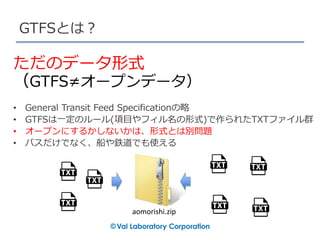 GTFSとは？
ただのデータ形式
（GTFS≠オープンデータ）
• General Transit Feed Specificationの略
• GTFSは一定のルール(項目やフィル名の形式)で作られたTXTファイル群
• オープンにするかしないかは、形式とは別問題
• バスだけでなく、船や鉄道でも使える
aomorishi.zip
 