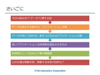 さいごに
公共交通は移動手段、移動する本来の目的は？
利用者のニーズをみたす事が最重要
良いアプリケーションは利用者を満足させるもの
データが同じであれば、差をつけるのはアプリケーションの質
データを活かすも殺すも、アプリケーション次第
今日の話は全て”データ”に関する話
 