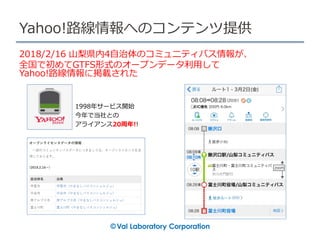 Yahoo!路線情報へのコンテンツ提供
2018/2/16 山梨県内4自治体のコミュニティバス情報が、
全国で初めてGTFS形式のオープンデータ利用して
Yahoo!路線情報に掲載された
1998年サービス開始
今年で当社との
アライアンス20周年!!
 