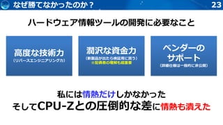 23なぜ勝てなかったのか？
ハードウェア情報ツールの開発に必要なこと
高度な技術力
（リバースエンジニアリング力）
潤沢な資金力
（新製品が出たら検証用に買う）
※配偶者の理解も超重要
ベンダーの
サポート
（詳細仕様は一般的に非公開）
私には情熱だけしかなかった
そしてCPU-Zとの圧倒的な差に情熱も潰えた
 