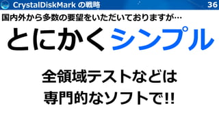 36CrystalDiskMark の戦略
全領域テストなどは
専門的なソフトで!!
とにかくシンプル
国内外から多数の要望をいただいておりますが…
 
