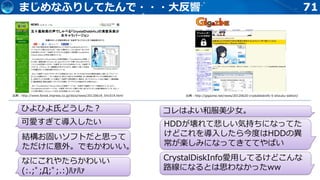 71まじめなふりしてたんで・・・大反響
ひよひよ氏どうした？
出典：http://gigazine.net/news/20120620-crystaldiskinfo-5-shizuku-edition/出典：http://www.forest.impress.co.jp/docs/news/20120618_541019.html
HDDが壊れて悲しい気持ちになってた
けどこれを導入したら今度はHDDの異
常が楽しみになってきててやばい
コレはよい和服美少女。
CrystalDiskInfo愛用してるけどこんな
路線になるとは思わなかったww
結構お固いソフトだと思って
ただけに意外。でもかわいい。
なにこれやたらかわいい
(:.;ﾟ;Д;ﾟ;.:)ﾊｧﾊｧ
可愛すぎて導入したい
 
