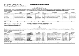 5ème
Course – Départ : 16 h. 30 PRIX DE LA VILLE DE MAURON
Paris Simples, Couplé Ordre  Trio Ordre
Coupe des 6 Nations
(Steeple-Chase-Cross-Country)
11.000 - (5.280, 2.640, 1.540, 1.045, 495).
Pour chevaux entiers, hongres et juments de 5 ans et au-dessus, n’étant pas de race Pur sang, n’ayant pas, cette année, en steeple-chase, reçu 8.000 (victoires et places). Poids : 67 k. Surcharges accumulées
pour les sommes reçues en steeple-chases (victoires et places) : 1 k. par 2.000 depuis le 1er janvier de l’année dernière inclus.Les Jockeys n’ayant pas gagné quarante courses recevront 3 k.
Distance : 4.500 mètres
Propriétaires Couleurs Chevaux Montes Poids (1) Origines ♦ Eleveurs Entraîneurs Performances
E. LERAY (S)........................................................Bleue bande et m noires t bleue..........................................................E8E00A.......................................... Teddy VABOIS........... 73 70... H. al.-f. 9 Loup Solitaire(USA) et Noblemare♦ CHARLES-EDOUARD WALSH DE SERRANT..... E. LERAY (S)................................Tc (17) 4c 1c 6c As Tc 8s (16) As
Xavier-Louis LE STANG................................!Mauve m chevronnees gris et noir t grise................................!D38=................................................ Mehdi-Mike ARIDJ ....... 71 68... H. b. 10 Khalkevi (IRE) et Loustine ♦ ROGER LE TEXIER............................ !XL. LE STANG...............................2s 7s (17) 5s 5s 5s Ts 5s 3s 5s
Mme Anne-Sophie BERNIER................................Orange m orange brassards noirs t orange................................38A42CA........................................ Alexandre ORAIN....... 70 69... H. al. 5 Protektor (GER) et Iliose ♦ MARIE-LOUISE PELTIER..................... D. BERNIER ................................2c 4c 4c 2c 0c As Tc Tc 8c As
Gilles CHAIGNON ................................ #Rouge ceinture et m vertes brassards et t rouges ..............................#CAD49DA=4H............................ Cedric GABARD ........ 70 ....... H. b. 11 True Brave (USA) et L'Odyssee ♦ GILLES CHAIGNON................... #GIL. CHAIGNON ...........................2s 6s (17) 5s 2s 5s 4s (16) 3s 2s
Sylvain DORY.......................................................$Gros-bleu croix de st-andre  t blanches................................$CDC82;;4Ê................................. Sylvain DORY............ 69 ....... H. al.-f.11 East Of Heaven (IRE) et Galaxie De Larue ♦ SYLVAIN DORY................. $S. DORY ................................7c Ac Ac 5c 5c 4c 5c Ac (17) 4c
Mlle Julia POTIER ................................ %Damier rose et noir m noires cout. roses t noire ................................%E78B:HB8=64A............................ Alexandre BAUDOIN-BOIN
..................................
68 65... H. b. 9 Secret Singer et Calvi IV ♦ MICHEL BLONDEAU............................. %S. ZULIANI (S)...............................3s (17) 6c 5c 6c (15) 5c Ac 5c 5c
Mme P. CHEMIN/CHEMIN HERPIN(S).........................Jaune croix de saint andre et m bles brass. et t jaunes ...............................344BB434=CC................. Stephane PAILLARD.... 67 ....... F. b. 5 Voix Du Nord et Ulla De Montot ♦ JEAN-FRANCOIS LAMBOROT........... CHEMIN  HERPIN(S)......................Dc 5c Dc 4c 4c (17) Tc 4c Ah 0p
14 Engts - 6 forf. - 1 N.D.P.
Arrivée : 1er ............... 2e ............... 3e ............... 4e ............... 5e ............... 6e ............... 7e ............... 8e ............... 9e ............... 10e ............... - Mutuel : G ............... P ............... ............... ............... - PJ : G ............... P ............... ............... ............... - Trio ...............
6ème
Course – Départ : 17 h. 00 PRIX DU CREDIT MUTUEL DE BRETAGNE
Paris Simples, Couplés  Trio.
(E.)
(Plat)
9.500 - (4.750, 1.900, 1.425, 950, 475).
Pour chevaux entiers, hongres et juments de 4 et 5 ans, n’étant pas de race pur sang, nés et élevés en France, n’ayant pas reçu une allocation de 6.000, depuis le 1er janvier de l’année dernière inclus. Poids :
66 k. Surcharges accumulées pour les sommes reçues en victoires et places, depuis le 1er janvier de l’année dernièreinclus : 1 k. par 3.500 reçus.Les remises de poids prévues par l’Article 104 du Code des
Courses au Galop ne sont pas applicables dans ce prix.
Distance : 2.600 mètres
Propriétaires Couleurs Chevaux * Montes Poids (1) Origines ♦ Eleveurs Entraîneurs Performances
ISOMAGUY...........................................................Bleue t cerclee rose et bleu................................................................4634BCC4B.................... 7 Mathieu ANDROUIN ........... 69 . ...... H. b. 4 Sunday Break (JPN) et Puszta Des Mottes ♦ ECURIE DES MOTTES............... G. CHEREL................................2 1 As 8h (17) 5 3 5
Mlle Lisa CHARITAL................................!Rose coutures blanches t rose une etoile blanche .............................!390=6346AD6H................ 8 Alexandre BOUILLE............ 67 . ...... H. gr. 5 Diableneyev (USA) et Queen De Grugy ♦ Mlle ANAIS ADAM................... !Mlle L. CHARITAL.........................(17) 7 2 2 (16) 8
E. LERAY (S)........................................................Bleue bande et m noires t bleue..........................................................3061;D4Φ...................................... 5 Clementine CHEVALLIER.... 67 65,5 H. b. 5 Kandidate (GB) et Reveuse Blue ♦ MICHEL BEDIER...................... E. LERAY (S) ................................1 7 (17) As 3s 1s 1s 2s 7 0h
Jean-Louis BERTIN................................#Rayee gris et gros-bleu m gros-bleu t jaune................................#30=I0AÊ.................................... 4 Julien GUILLOCHON .......... 66 . ...... H. b.-f. 5 Noroit (GER) et Romane Du Mou ♦ ALBAN BEAUZON................... #JL. BERTIN................................6 4s Ac Tc 5s 6h 5 5 9h
Raphael MARCEL ................................ $Beige disque m et t bleu-clair...............................................................$43D0A34DA84Ê....................... 2 Gabriel LE DEVEHAT.......... 66 . ...... H. b. 4 Irish Wells et Star Deurie ♦ SYLVAIN BLIARD.................................. $R. MARCEL................................8
Jean-Paul GASNIER ................................%Bleu-cl m cerclees bl-cl gr-bl t ecar bl-cla  gr-ble................................%3D;24II0..................................... 1 M. Thibaud MACE ............ 65,5 . ...... F. al. 5 Redback (GB) et La Pommeraie ♦ HARAS DU HOGUENET............. %JP. GASNIER................................5 3 6h 5h As 8h 5 (17) 5 8
P. JOURNIAC/J. LANCELOT................................Jaune trois losanges verts m et t jaunes ................................42DC8;;4Φ.................................... 3 Christopher GROSBOIS ...... 65,5 . ...... F. b. 4 Buck's Boum et Ombline ♦ ARMAILLE ............................................ P. JOURNIAC................................(17) 6h 1
Jean-Yves BINOIS................................ 'Violette bande et brass verts t ecart. vert et violet................................'4;8=30Φ............................................. 9 Thibault SPEICHER............ 64,5 . ...... F. gr. 4 Linda's Lad (GB) et Terra Viva ♦ THIERRY PROD'HOMME ..................... 'C. LECRIVAIN...............................Inédit
CHEMIN  HERPIN (S)................................(Grise cx st-andre  m rges brass gris t rge 1 etoi grise................................(40BH3DA4?0BÊ........................ 6 Benjamin HUBERT........... 64,5 . ...... F. b. 4 Great Pretender (IRE) et Perle Du Chatelet ♦ GERARD JOUENNE .................... (CHEMIN  HERPIN(S)......................6 7
24 Engts - 11 forf. - 4 N.D.P.
Arrivée : 1er ............... 2e ............... 3e ............... 4e ............... 5e ............... 6e ............... 7e ............... 8e ............... 9e ............... 10e ............... - Mutuel : G ............... P ............... ............... ............... - PJ : G ............... P ............... ............... ............... - Trio ...............
 