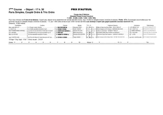 7ème
Course – Départ : 17 h. 30 PRIX D'AUTEUIL
Paris Simples, Couplé Ordre  Trio Ordre
Coupe des 6 Nations
(Steeple-Chase-Cross-Country)
11.000 - (5.280, 2.640, 1.540, 1.045, 495).
Pour tous chevaux de 5 ans et au-dessus, n’ayant pas, depuis le1er septembre de l’année dernière inclus, reçu 15.000 en steeple-chases (victoires et places). Poids : 67 k. Surcharges accumulées pour les
sommes reçues en steeple-chases (victoires et places) : 1 k. par 1.500 cette année et par 3.000 l’année dernière.Les Jockeys n’ayant pas gagné quarante courses recevront 3 k.
Distance : 4.500 mètres
Propriétaires Couleurs Chevaux Montes Poids (1) Origines ♦ Eleveurs Entraîneurs Performances
Mme Joelle BRILLET................................ Rouge m vertes t blanche ................................................................10;3834B18B .......................... Alexandre ORAIN....... 74 73... H. b. 6 Balko et Diane Des Bois ♦ Mme JOELLE BRILLET ......................... W. MENUET (S) ............................Tc 1c 2c 4c Th As 6s (17) Tc 7c
D. CADOT (S).......................................................!Violette epaulettes brassards et t gris................................ !6A0=33ªA80=.......................... Cedric GABARD ........ 72 ....... H. b.-f.10 Grand Seigneur et Fill Oriane ♦ BERNARD BEUCHER................... !D. CADOT (S)................................4c Ac 4c (17) Tc Tc Ac 2c Tc 1c
Mme P.CHEMIN/CHEMIN  HERPIN(S)..........................Jaune croix de saint andre et m bles brass. et t jaunes ...............................2?4A34B=6A08BΦ........... Stephane PAILLARD.... 72 ....... H. b.-f. 6 Crillon et Jolie Note ♦ NORBERT TRINCOT..................................... CHEMIN  HERPIN(S)......................(17) 4c Tc 1c 2c 4h 4s 3h 2s 7h
Eric LABORDE......................................................#Damier blc  gr.-bl m gr-bl cout blches t gr.-bl................................#8A8B710H........................................ Marine DEZOTEUX.... 70 66... H. b. 9 Irish Wells et Mary Bay ♦ HARAS DU BOSQUET............................... #S. FOUCHER................................(17) 2c (16) Tc Ac 1c 1c 3c (15) 3s
Mlle Lina SEURIN................................ $Noire epaulettes brassards et t blancs ................................$F8==4A5B?A8=6Φ.................. Alexandre BAUDOIN-BOIN
..................................
70 67... H. b.-f. 9 Roli Abi et Grace Des Essarts ♦ CHARLES CHEVREUX ................ $T. JOUIN................................2c 3c 7c (17) 5s 4s 4s 4c 5c As
Jean CHAPDELAINE................................%Gros-vert disque et m rges brass gros-vert t rge................................%EH0640E4=8B4....................... Teddy VABOIS........... 68 65... H. b. 10 Della Francesca (USA) et Ashley (GB) ♦ ANTOINE TALHOUET-ROY................ %JEAN. CHAPDELAINE..................3c Tc Tc As Ac (17) Ac Ac (16) Ac
15 Engts -1 Eng. Suppl. - 4 forf. - 3 Annul. de part. - 2 N.D.P.
Arrivée : 1er ............... 2e ............... 3e ............... 4e ............... 5e ............... 6e ............... 7e ............... 8e ............... 9e ............... 10e ............... - Mutuel : G ............... P ............... ............... ............... - PJ : G ............... P ............... ............... ............... - Trio ...............
 