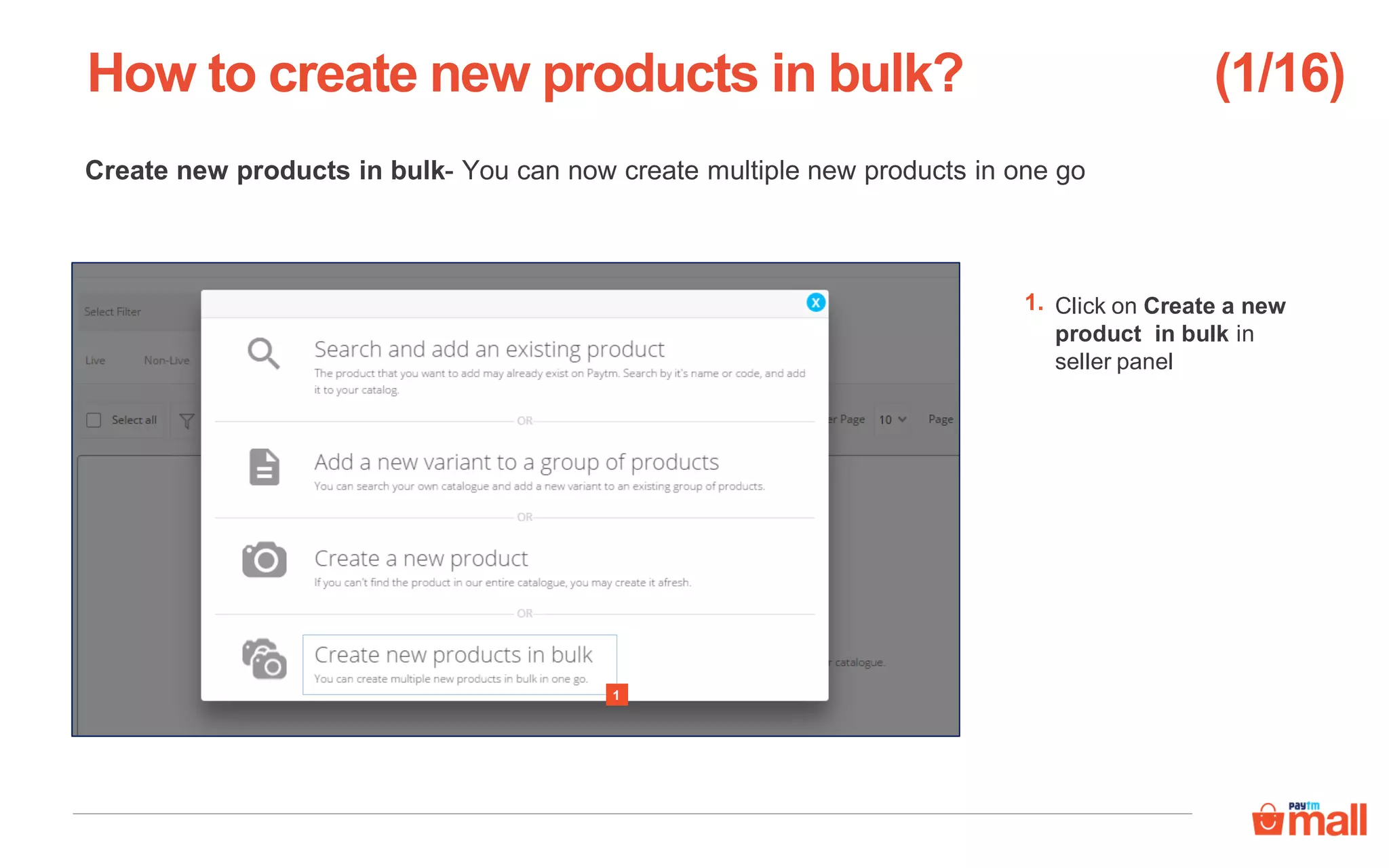 Create new products in bulk- You can now create multiple new products in one go
Click on Create a new
product in bulk in
seller panel
How to create new products in bulk?
1
1.
(1/16)
 