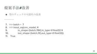 提案手法#改善
● 型のチェックの可読性の改善
ーーーー
7. >>> batch = 7
8. >>> inout_eq(cnn_model, ¥
9. in_shape=[batch,784],in_type=tf.float32 ¥
10. out_shape=[batch,10],out_type=tf.float32))
11. True
20
 