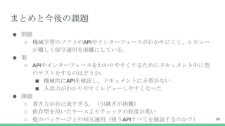まとめと今後の課題
● 問題
○ 機械学習のソフトのAPIやインターフェースがわかりにくく、レビュー
が難しく保守運用を困難にしている。
● 案
○ APIやインターフェースをわかりやすくするためにドキュメント中に型
のテストをするのはどうか。
■ 機械的にAPIを検証し、ドキュメントに矛盾がない
■ 入出力がわかりやすくレビューしやすくなった
● 課題
○ 書き方が自己流すぎる。（引継ぎが困難）
○ 依存型を用いたケースよりチェックの粒度が荒い
○ 他のパッケージとの相互運用（使うAPIすべてを検証するのか？） 23
 