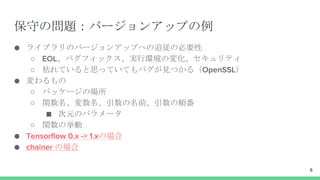 保守の問題：バージョンアップの例
● ライブラリのバージョンアップへの追従の必要性
○ EOL、バグフィックス、実行環境の変化、セキュリティ
○ 枯れていると思っていてもバグが見つかる（OpenSSL）
● 変わるもの
○ パッケージの場所
○ 関数名、変数名、引数の名前、引数の順番
■ 次元のパラメータ
○ 関数の挙動
● Tensorflow 0.x -> 1.xの場合
● chainer の場合
5
 