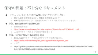 保守の問題：不十分なドキュメント
● ドキュメントが不明慮でAPIの使い方がわからない。
○ 値から値を返す関数なのか、関数を返す関数なのか？
○ APIの仕様がわからないと自分たちのプログラムはメンテナンスできない
● 例1、tensorflowのLSTMCell
○ 関数を返す関数
○ https://www.tensorflow.org/api_docs/python/tf/contrib/rnn/LSTMCell#__call__
○ 入力のパラメータによって出力の型が変わる
● 例2、tensorflowのdynamic_rnn
○ time_majorパラメータで出力のテンソルに転置が起こる。
○ https://www.tensorflow.org/api_docs/python/tf/nn/dynamic_rnn
○ バグ
○ https://github.com/tensorflow/tensorflow/commit/916fcfb39a23afd96893bf85cb6f29c71a483
642#diff-9d717423e6d3f4359151c45dfaa554b6
6
 