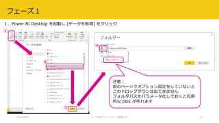 2018/08/28 データ分析プラットフォーム勉強会 #3 19
①
②
③
④
１．Power BI Desktop を起動し [データを取得] をクリック
フェーズ１
注意：
前のページでオプション設定をしていないと
このドロップダウンは出てきません
フォルダパスをパラメータ化しておくと汎用
的な pbix が作れます
 