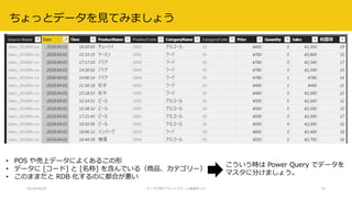 ちょっとデータを見てみましょう
2018/08/28 データ分析プラットフォーム勉強会 #3 33
• POS や売上データによくあるこの形
• データに [コード] と [名称] を含んでいる（商品、カテゴリー）
• このままだと RDB 化するのに都合が悪い
こういう時は Power Query でデータを
マスタに分けましょう。
 