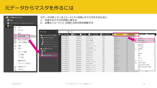 2018/08/28 データ分析プラットフォーム勉強会 #3 35
元データが持っている [コード] や [名称] をマスタ化するために、
1. 作成するマスタの名称に変える
2. 必要な [コード] と [名称] 以外の列を削除する
元データからマスタを作るには
 