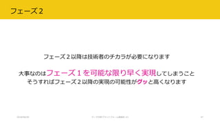 フェーズ２
フェーズ２以降は技術者のチカラが必要になります
大事なのはフェーズ１を可能な限り早く実現してしまうこと
そうすればフェーズ２以降の実現の可能性がグッと高くなります
2018/08/28 データ分析プラットフォーム勉強会 #3 47
 