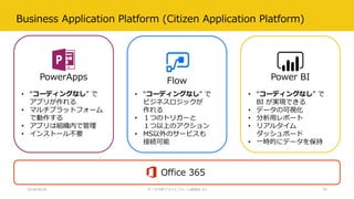 Business Application Platform (Citizen Application Platform)
2018/08/28 データ分析プラットフォーム勉強会 #3 50
Flow Power BIPowerApps
• “コーディングなし” で
アプリが作れる
• マルチプラットフォーム
で動作する
• アプリは組織内で管理
• インストール不要
• “コーディングなし” で
ビジネスロジックが
作れる
• １つのトリガーと
１つ以上のアクション
• MS以外のサービスも
接続可能
• “コーディングなし” で
BI が実現できる
• データの可視化
• 分析用レポート
• リアルタイム
ダッシュボード
• 一時的にデータを保持
Office 365
 