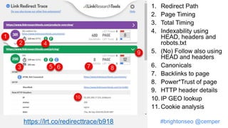 #brightonseo @cemper
1. Redirect Path
2. Page Timing
3. Total Timing
4. Indexability using
HEAD, headers and
robots.txt
5. (No) Follow also using
HEAD and headers
6. Canonicals
7. Backlinks to page
8. Power*Trust of page
9. HTTP header details
10. IP GEO lookup
11. Cookie analysis
https://lrt.co/redirecttrace/b918
 