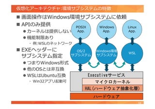 仮想化アーキテクチャ:環境サブシステムの特徴
 画面操作はWindows環境サブシステムに依頼
 APIのみ提供
 カーネルは提供しない
 機能制限あり
- 例:WSLのネットワーク
 EXEヘッダーに
サブシステム指定
 つまりWindows形式
 他のOSとは非互換
 WSLはUbuntu互換
- Win32アプリ起動可
12
ハードウェア
Executiveサービス
HAL(ハードウェア抽象化層)
マイクロカーネル
Windows環境
サブシステム
OS/2
サブシステム
WSL
Windows
App.
POSIX
App.
Linux
App.
 