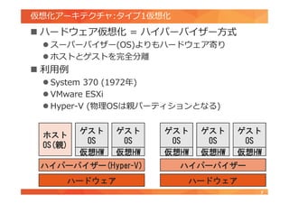 仮想化アーキテクチャ:タイプ1仮想化
 ハードウェア仮想化 = ハイパーバイザー方式
 スーパーバイザー(OS)よりもハードウェア寄り
 ホストとゲストを完全分離
 利用例
 System 370 (1972年)
 VMware ESXi
 Hyper-V (物理OSは親パーティションとなる)
7
ハードウェア
ハイパーバイザー
ゲスト
OS
ゲスト
OS
ゲスト
OS
仮想HW 仮想HW 仮想HW
ハードウェア
ハイパーバイザー(Hyper-V)
ホスト
OS(親)
ゲスト
OS
ゲスト
OS
仮想HW 仮想HW
 