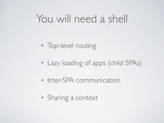 You will need a shell
• Top-level routing
• Lazy loading of apps (child SPAs)
• Inter-SPA communication
• Sharing a context
 