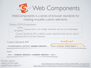 Web Components
Custom Elements API:
customElements.define('element-details',		class	extends	HTMLElement	{	...	})
WebComponents is a series of browser standards for
creating reusable custom elements:
https://developer.mozilla.org/en-US/docs/Web/Web_Components 
https://developer.mozilla.org/en-US/docs/Web/API/Window/customElements
Shadow DOM Encapsulation
HTML
templates
markup that is not initially rendered and can be instantiated.
Custom
elements
JavaScript API to deﬁne custom elements that can be used in
html and their behavior
JavaScript
html:
<div>	<element-details></element-details>	<div>	
Browser support:
native: Chrome, Safari
polyﬁll: Firefox, Edge, IE11
 