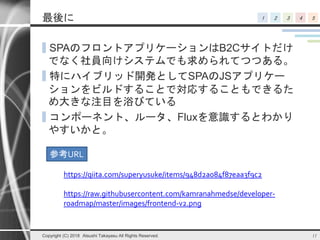 1 2 3 4 5最後に
▌SPAのフロントアプリケーションはB2Cサイトだけ
でなく社員向けシステムでも求められてつつある。
▌特にハイブリッド開発としてSPAのJSアプリケー
ションをビルドすることで対応することもできるた
め大きな注目を浴びている
▌コンポーネント、ルータ、Fluxを意識するとわかり
やすいかと。
Copyright (C) 2018 Atsushi Takayasu All Rights Reserved. 11
https://qiita.com/superyusuke/items/948d2a084f87eaa3f9c2
https://raw.githubusercontent.com/kamranahmedse/developer-
roadmap/master/images/frontend-v2.png
参考URL
 