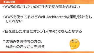 本日の目標
✓AWSの話がしたいのに社内で話が噛み合わない
✓AWSを使ってるけどWell-Architectedな運用/設計をし
てくれない
✓目を離したすきにオンプレ(思考)でなんとかする
↑の悩みをお持ちの方の、
解決へのきっかけを得る
 