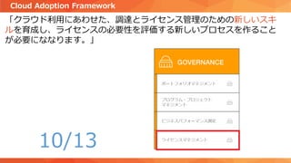 「クラウド利用にあわせた、調達とライセンス管理のための新しいスキ
ルを育成し、ライセンスの必要性を評価する新しいプロセスを作ること
が必要にななります。」
Cloud Adoption Framework
10/13
 