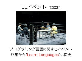 プログラミング言語に関するイベント
昨年から”Learn Languages”に変更
LLイベント (2003-)
 