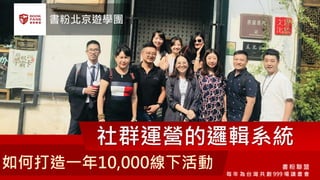 如何打造一年10,000線下活動
社群運營的邏輯系統
書 粉 聯 盟
每 年 為 台 灣 共 創 999 場 讀 書 會
書粉北京遊學團
 