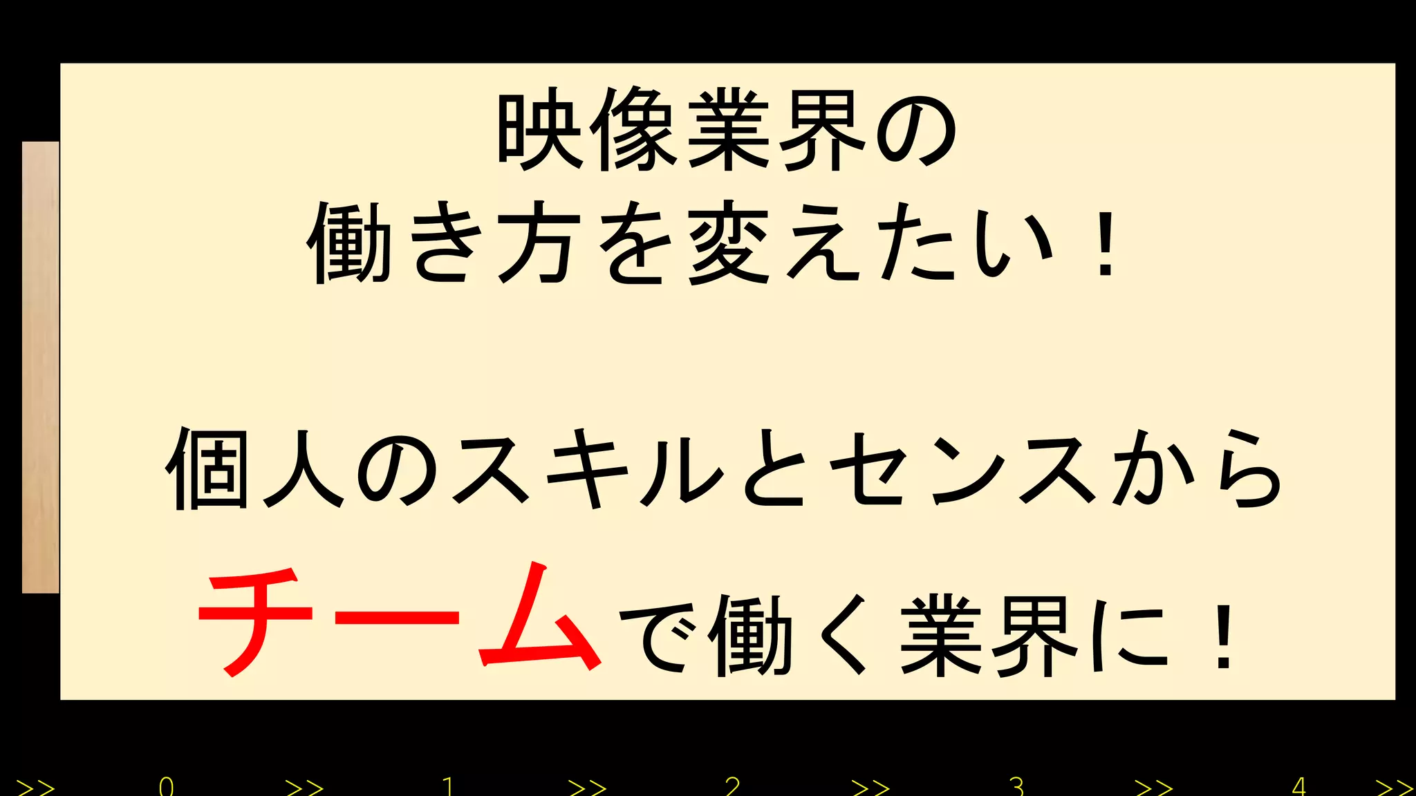 蜂須賀 大貴 @PassionateHachi
2012年 株式会社IMAGICA入社
お仕事：
主にプロジェクトマネージャー、プロダクトオーナー、セ
ールスエンジニア、インフラエンジニア(AWS ソリューショ
ンアーキテクト)など
映像業界の
働き方を変えたい！
個人のスキルとセンスから
チームで働く業界に！
 