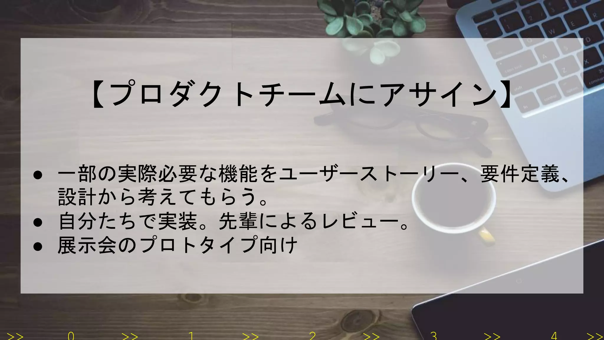 【プロダクトチームにアサイン】
● 一部の実際必要な機能をユーザーストーリー、要件定義、
設計から考えてもらう。
● 自分たちで実装。先輩によるレビュー。
● 展示会のプロトタイプ向け
 