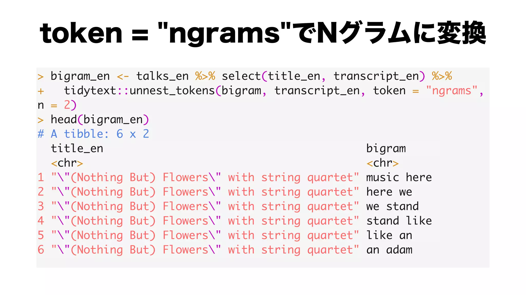> bigram_en <- talks_en %>% select(title_en, transcript_en) %>%
+ tidytext::unnest_tokens(bigram, transcript_en, token = "ngrams",
n = 2)
> head(bigram_en)
# A tibble: 6 x 2
title_en bigram
<chr> <chr>
1 ""(Nothing But) Flowers" with string quartet" music here
2 ""(Nothing But) Flowers" with string quartet" here we
3 ""(Nothing But) Flowers" with string quartet" we stand
4 ""(Nothing But) Flowers" with string quartet" stand like
5 ""(Nothing But) Flowers" with string quartet" like an
6 ""(Nothing But) Flowers" with string quartet" an adam
 