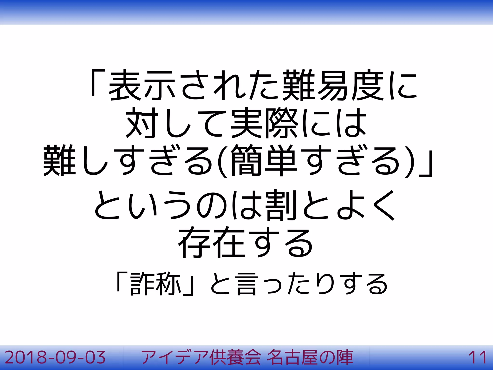 「表示された難易度に
対して実際には
難しすぎる(簡単すぎる)」
というのは割とよく
存在する
「詐称」と言ったりする
2018-09-03 アイデア供養会 名古屋の陣 11
 