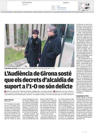 05/09/18El Punt Avui
Cataluña
Prensa: Diaria
Tirada: 29.059 Ejemplares
Difusión: 21.693 Ejemplares
Página: 12
Sección: CATALUÑA Valor: 2.414,00 € Área (cm2): 466,2 Ocupación: 49,23 % Documento: 1/1 Autor: Mayte Piulachs BARCELONA Núm. Lectores: 94000
Cód:120278666
18 / 25
 