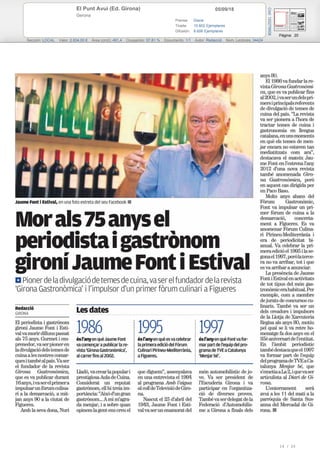 05/09/18El Punt Avui (Ed. Girona)
Gerona
Prensa: Diaria
Tirada: 10.602 Ejemplares
Difusión: 8.606 Ejemplares
Página: 20
Sección: LOCAL Valor: 2.834,00 € Área (cm2): 491,4 Ocupación: 57,81 % Documento: 1/1 Autor: Redacció Núm. Lectores: 34424
Cód:120278608
19 / 25
 