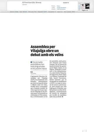 05/09/18El Punt Avui (Ed. Girona)
Gerona
Prensa: Diaria
Tirada: 10.602 Ejemplares
Difusión: 8.606 Ejemplares
Página: 22
Sección: LOCAL Valor: 484,00 € Área (cm2): 94,4 Ocupación: 9,88 % Documento: 1/1 Autor: E.C. Núm. Lectores: 34424
Cód:120278615
20 / 25
 