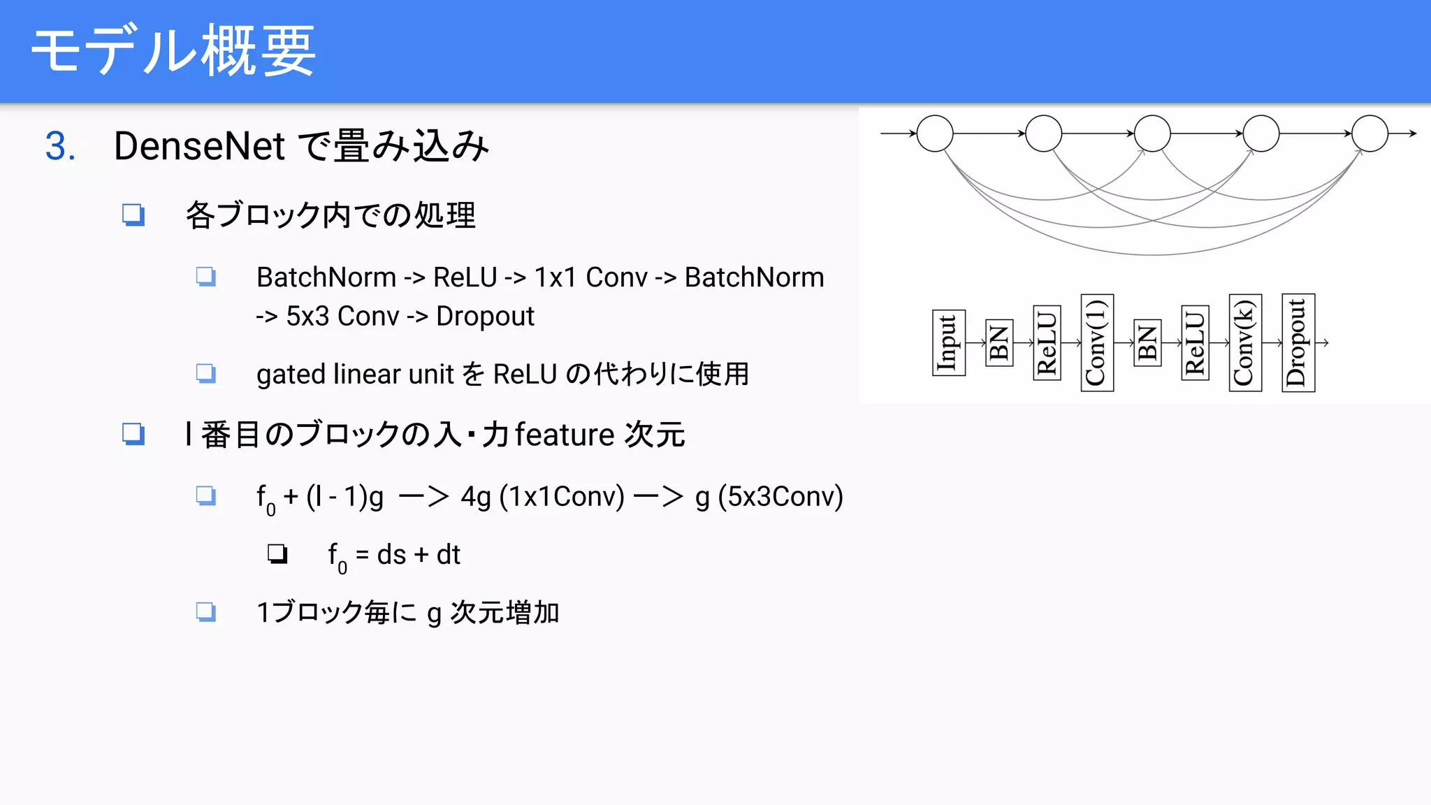 モデル概要
3. DenseNet で畳み込み
❏ 各ブロック内での処理
❏ BatchNorm -> ReLU -> 1x1 Conv -> BatchNorm
-> 5x3 Conv -> Dropout
❏ gated linear unit を ReLU の代わりに使用
❏ l 番目のブロックの入・力feature 次元
❏ f0
+ (l - 1)g ー＞ 4g (1x1Conv) ー＞ g (5x3Conv)
❏ f0
= ds + dt
❏ 1ブロック毎に g 次元増加
 